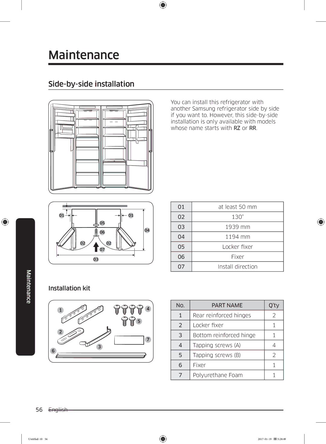 Samsung RR39M7130WW/EF, RR39M7130S9/EF manual Side-by-side installation, Installation kit 