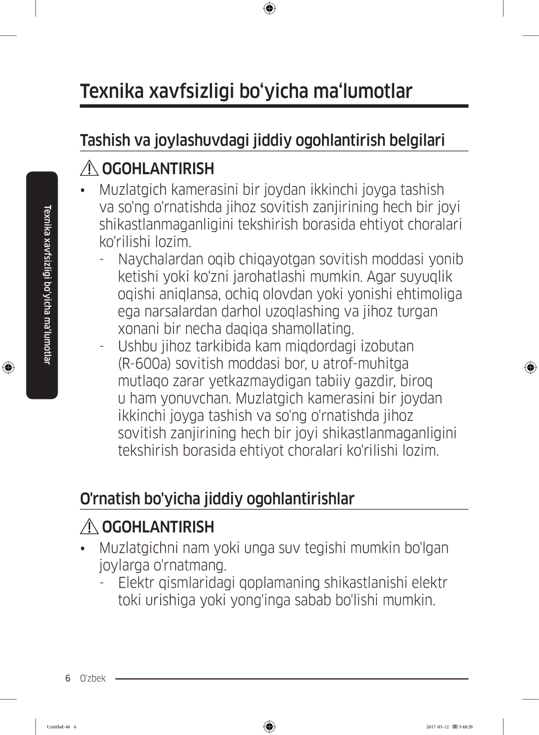 Samsung RR39M7140SA/WT manual Tashish va joylashuvdagi jiddiy ogohlantirish belgilari 