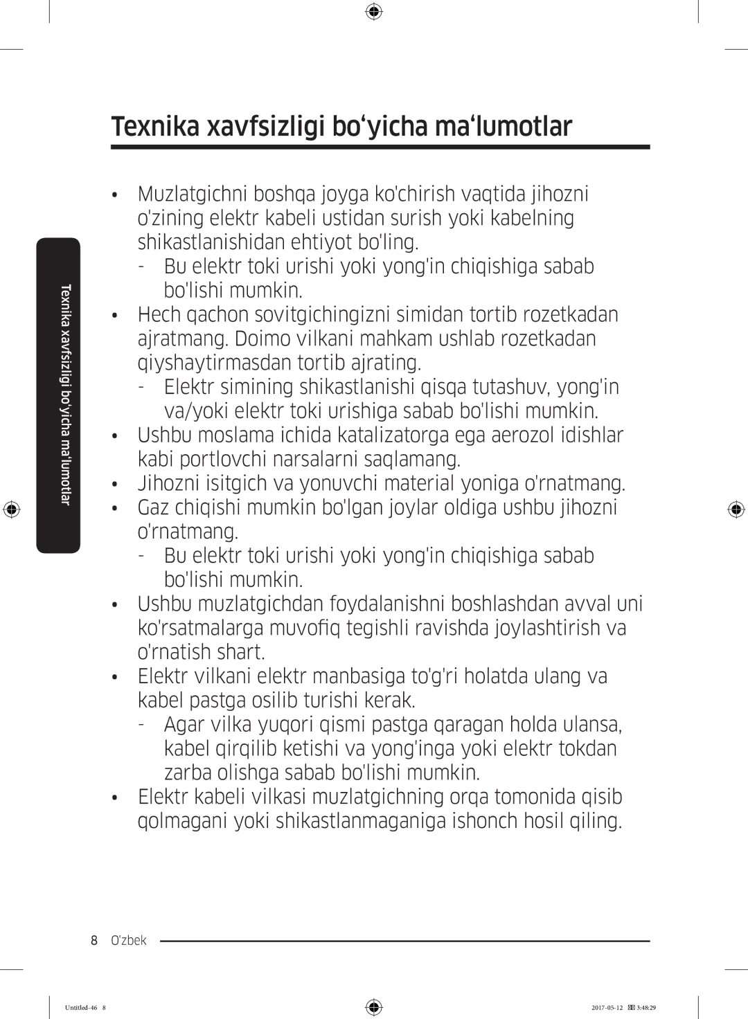 Samsung RR39M7140SA/WT manual Texnika xavfsizligi bo‘yicha ma‘lumotlar 