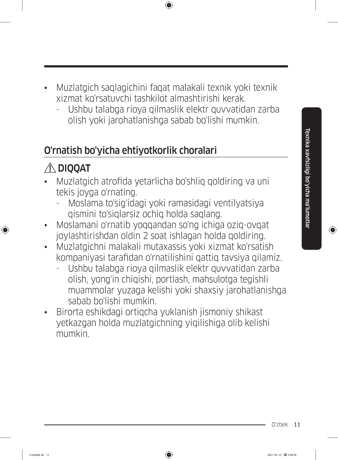 Samsung RR39M7140SA/WT manual Ornatish boyicha ehtiyotkorlik choralari 