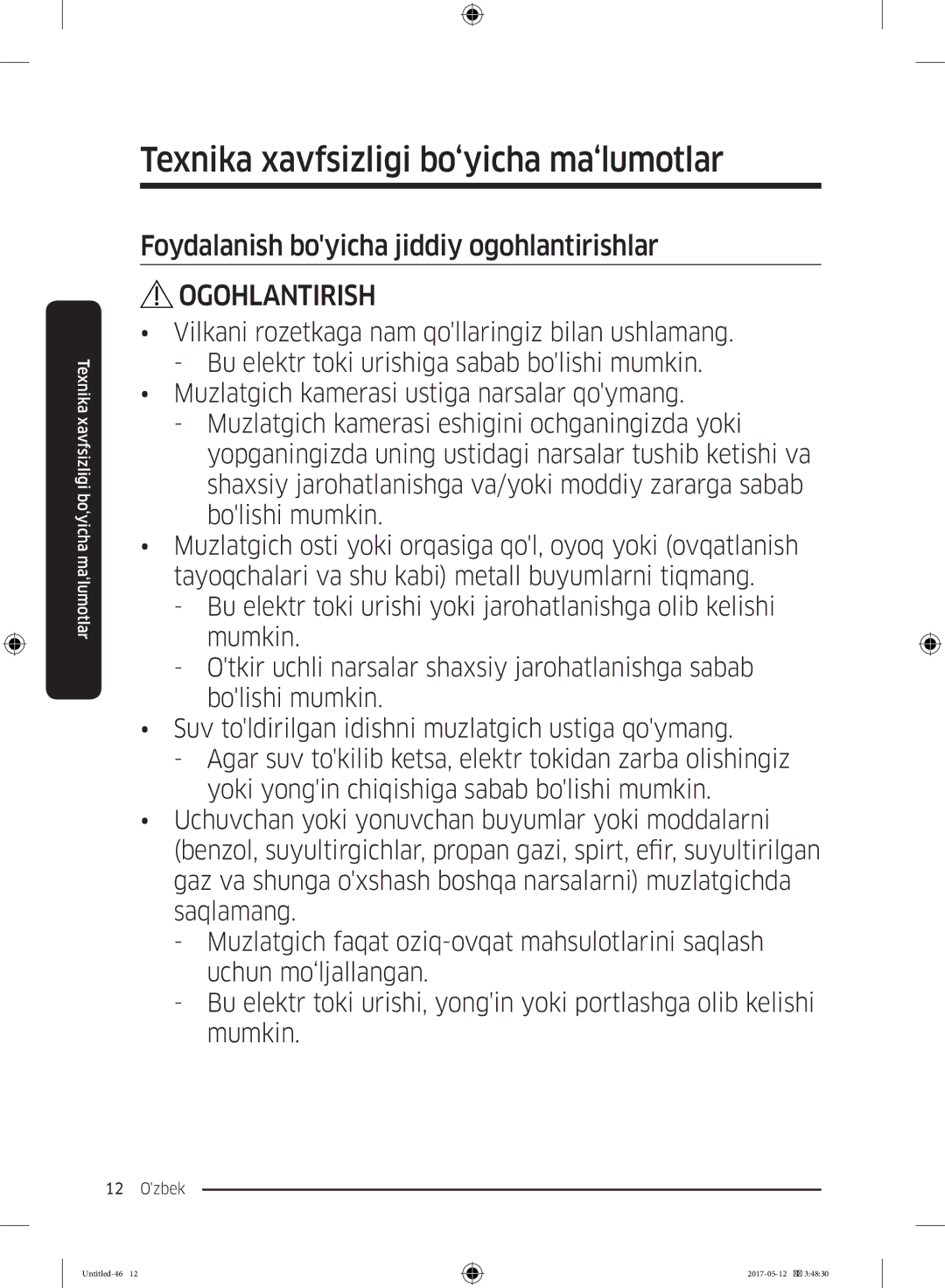 Samsung RR39M7140SA/WT manual Foydalanish boyicha jiddiy ogohlantirishlar 