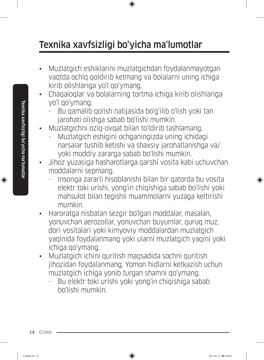 Samsung RR39M7140SA/WT manual Texnika xavfsizligi bo‘yicha ma‘lumotlar 