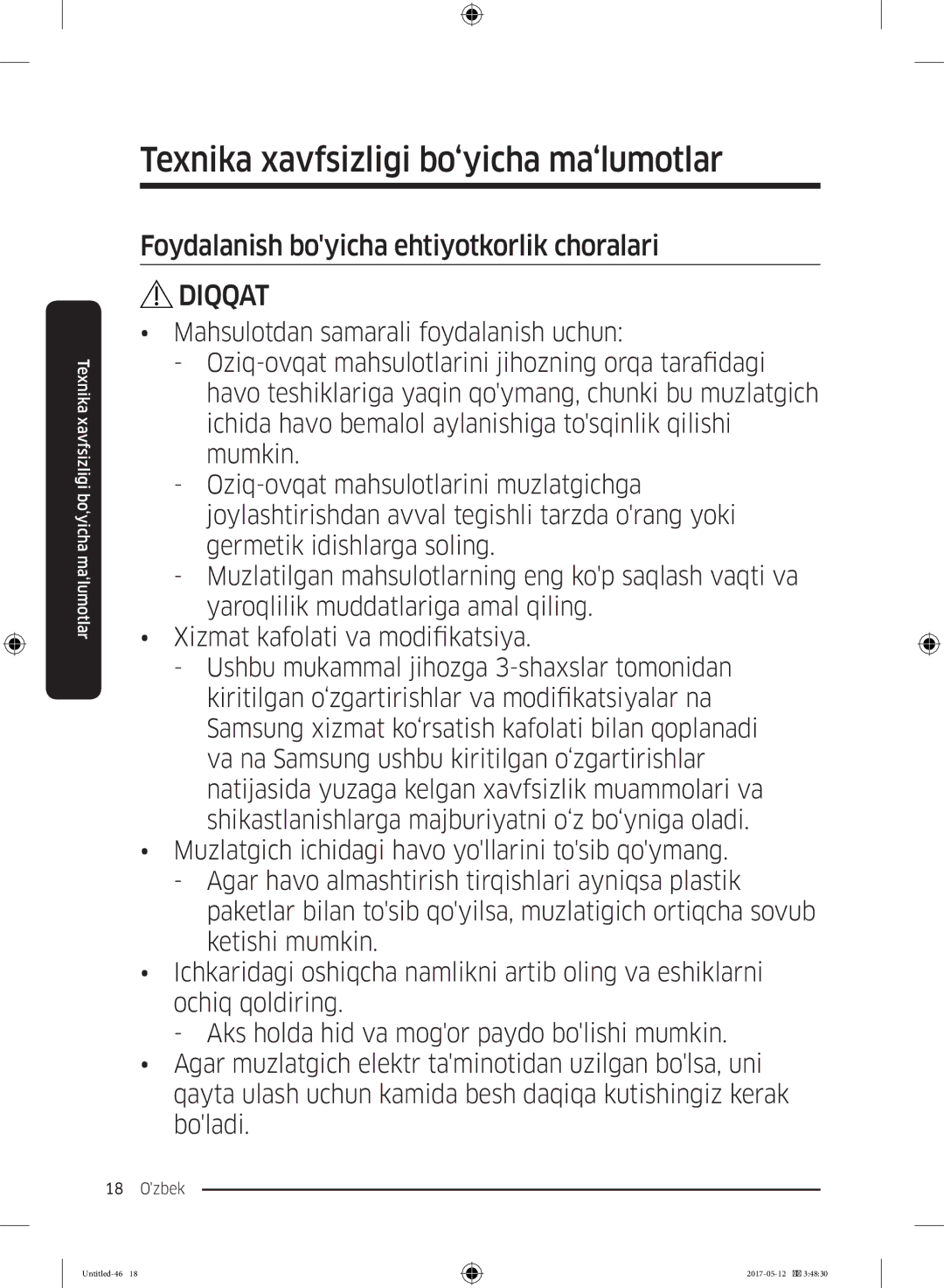 Samsung RR39M7140SA/WT manual Foydalanish boyicha ehtiyotkorlik choralari 