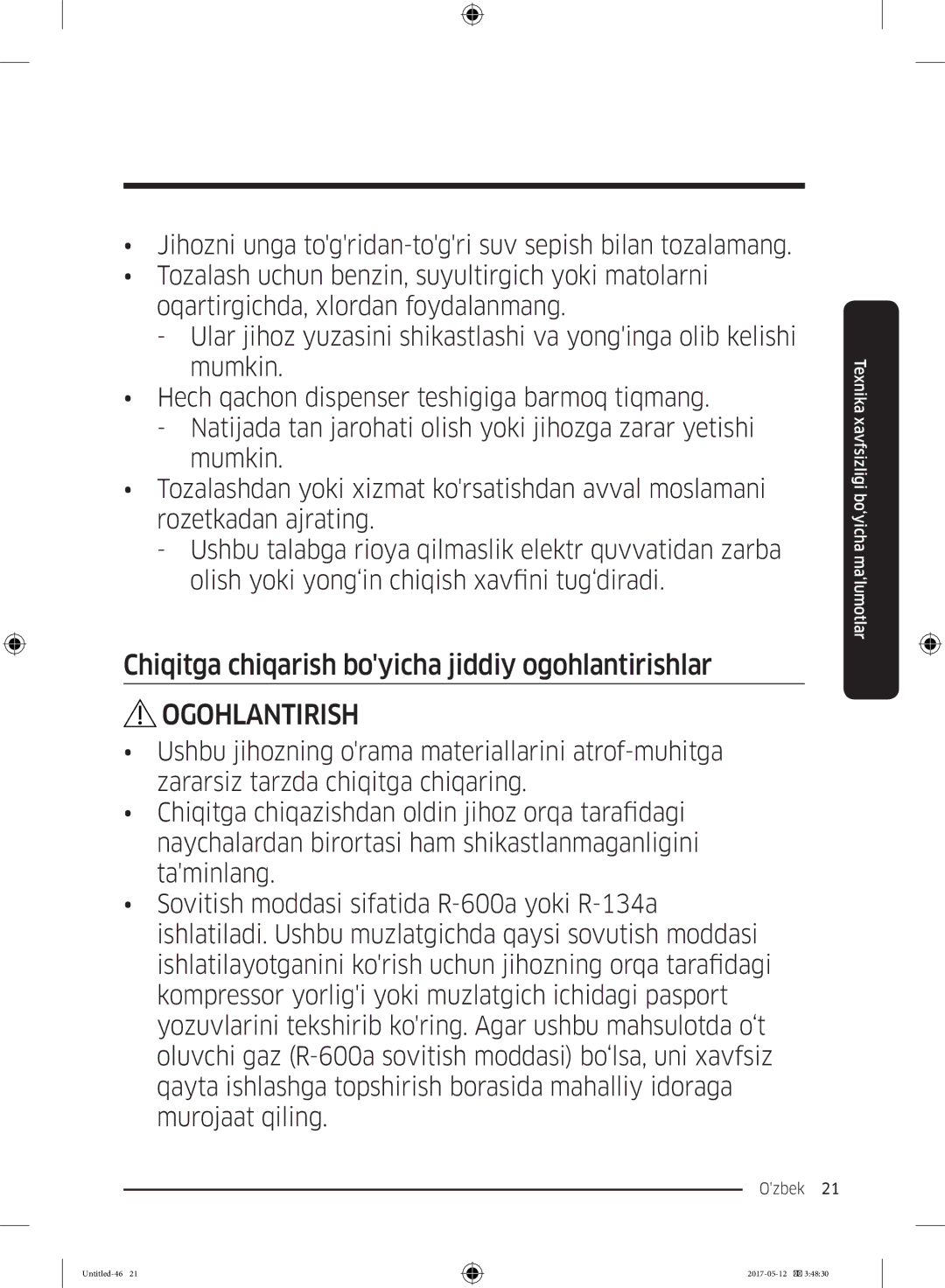 Samsung RR39M7140SA/WT manual Chiqitga chiqarish boyicha jiddiy ogohlantirishlar 