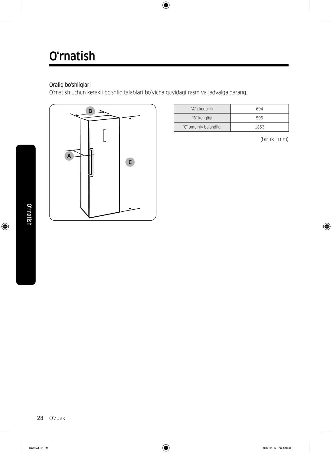 Samsung RR39M7140SA/WT manual Birlik mm Ozbek 