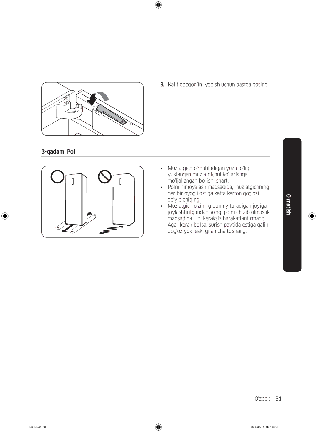 Samsung RR39M7140SA/WT manual Qadam Pol, Kalit qopqog‘ini yopish uchun pastga bosing 