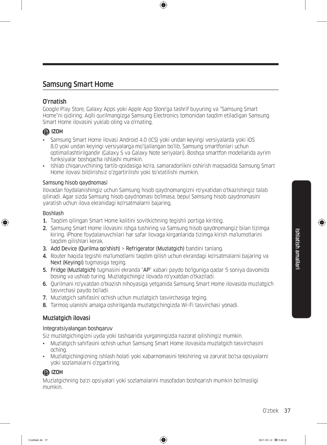 Samsung RR39M7140SA/WT manual Samsung Smart Home, Muzlatgich ilovasi 