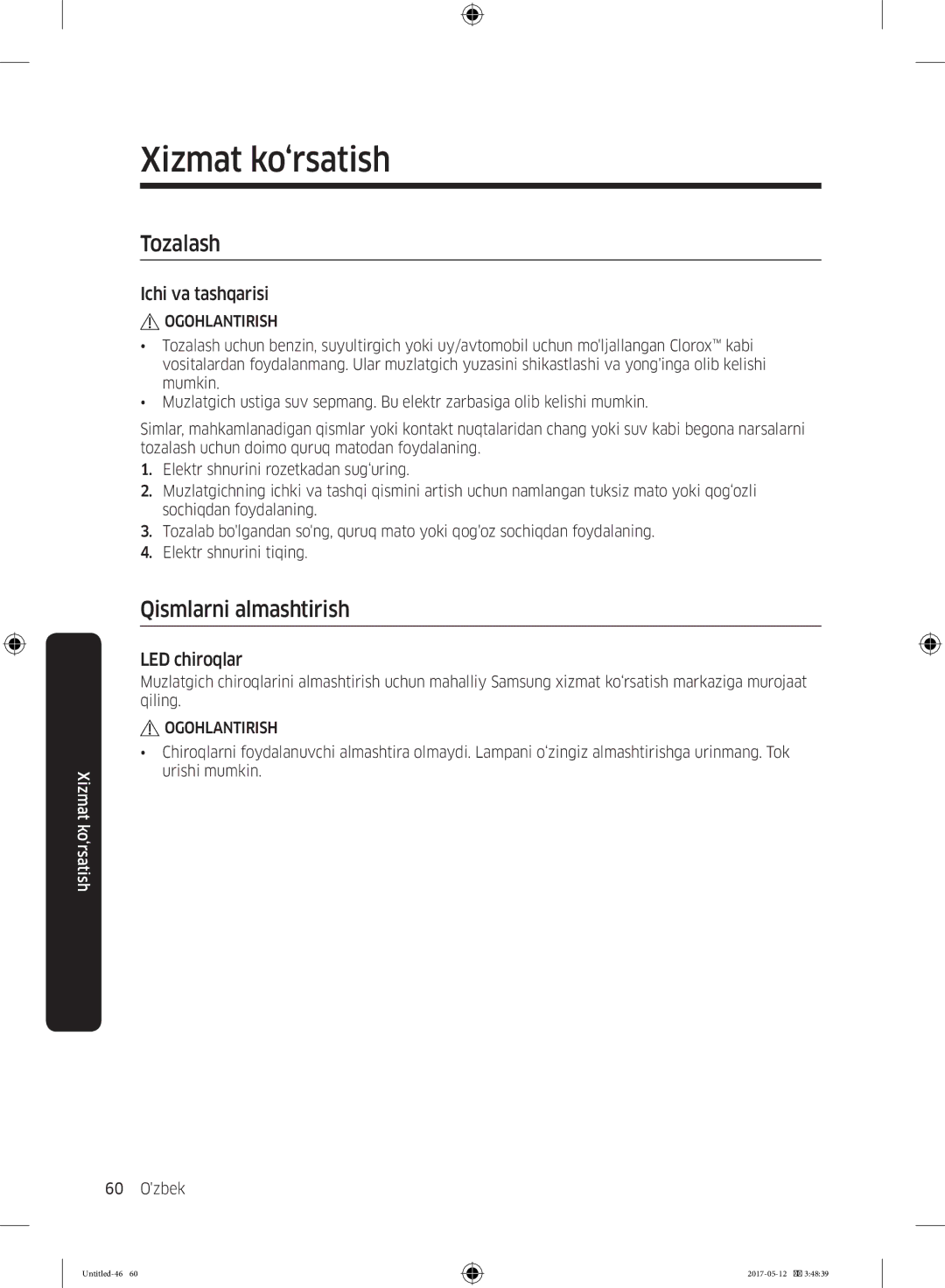 Samsung RR39M7140SA/WT manual Ichi va tashqarisi, LED chiroqlar 