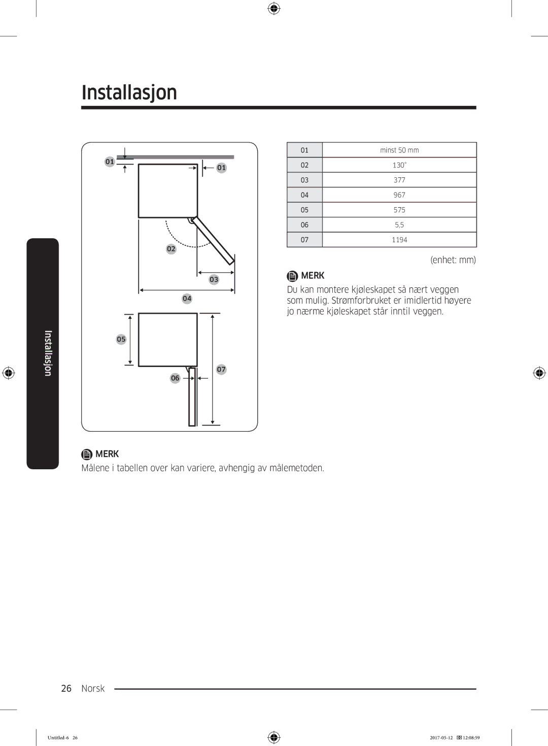 Samsung RR39M75257F/EE, RR39M7565WW/EE, RR39M7565BC/EE, RR39M70557F/EE, RR39M7525WW/EE manual Minst 50 mm 130 377 967 575 1194 