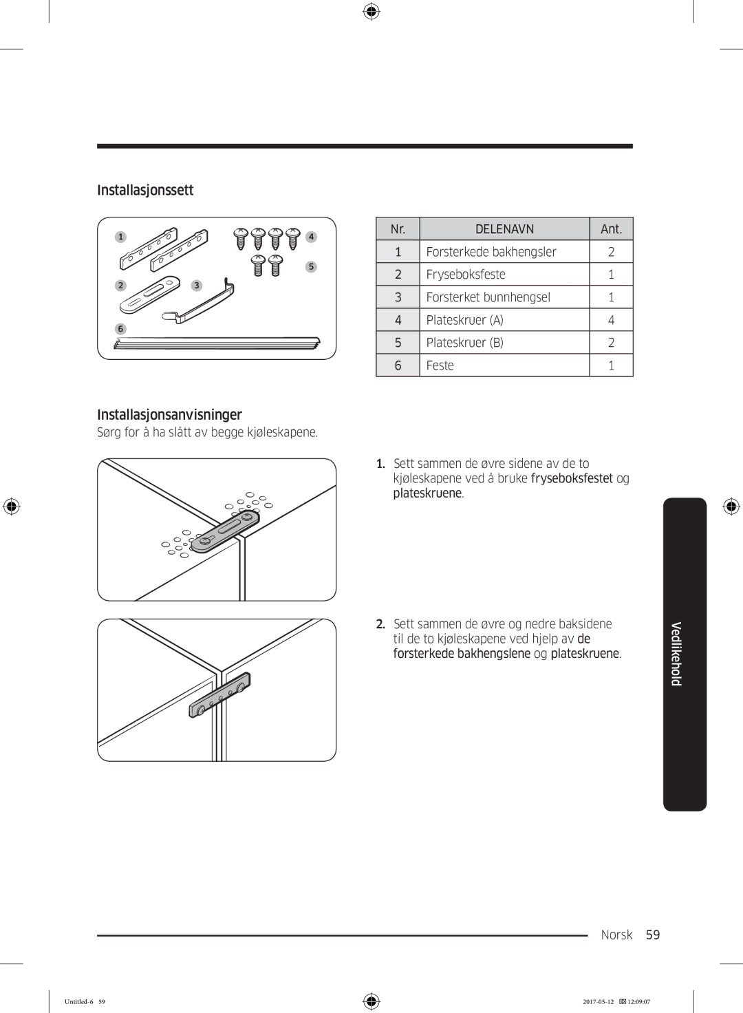 Samsung RR39M75157F/EE, RR39M7565WW/EE, RR39M7565BC/EE, RR39M75257F/EE Installasjonssett Installasjonsanvisninger, Delenavn 