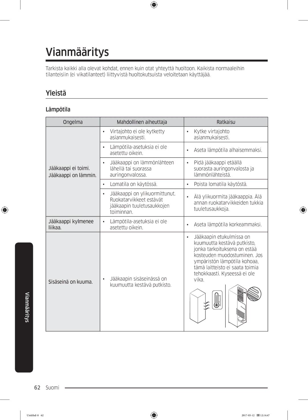 Samsung RR39M71657F/EE, RR39M7565WW/EE, RR39M7565BC/EE, RR39M75257F/EE, RR39M70557F/EE manual Vianmääritys, Yleistä, Lämpötila 