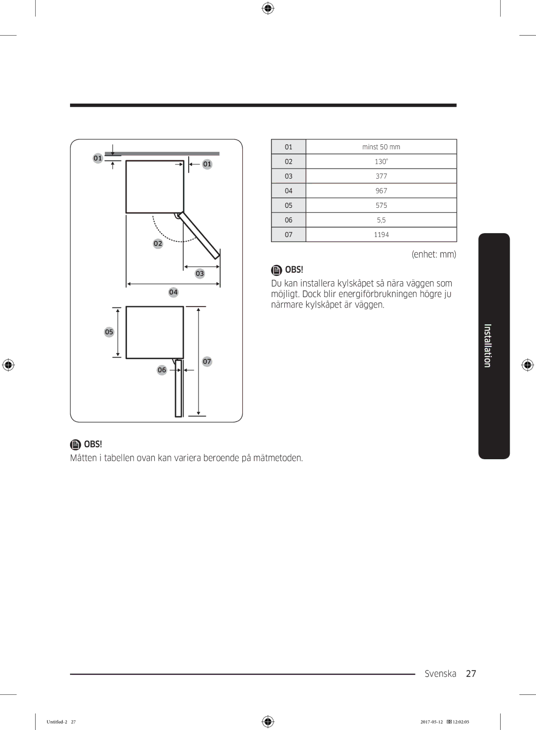 Samsung RR39M7515WW/EE, RR39M7565WW/EE, RR39M7565BC/EE, RR39M75257F/EE, RR39M70557F/EE manual Minst 50 mm 130 377 967 575 1194 