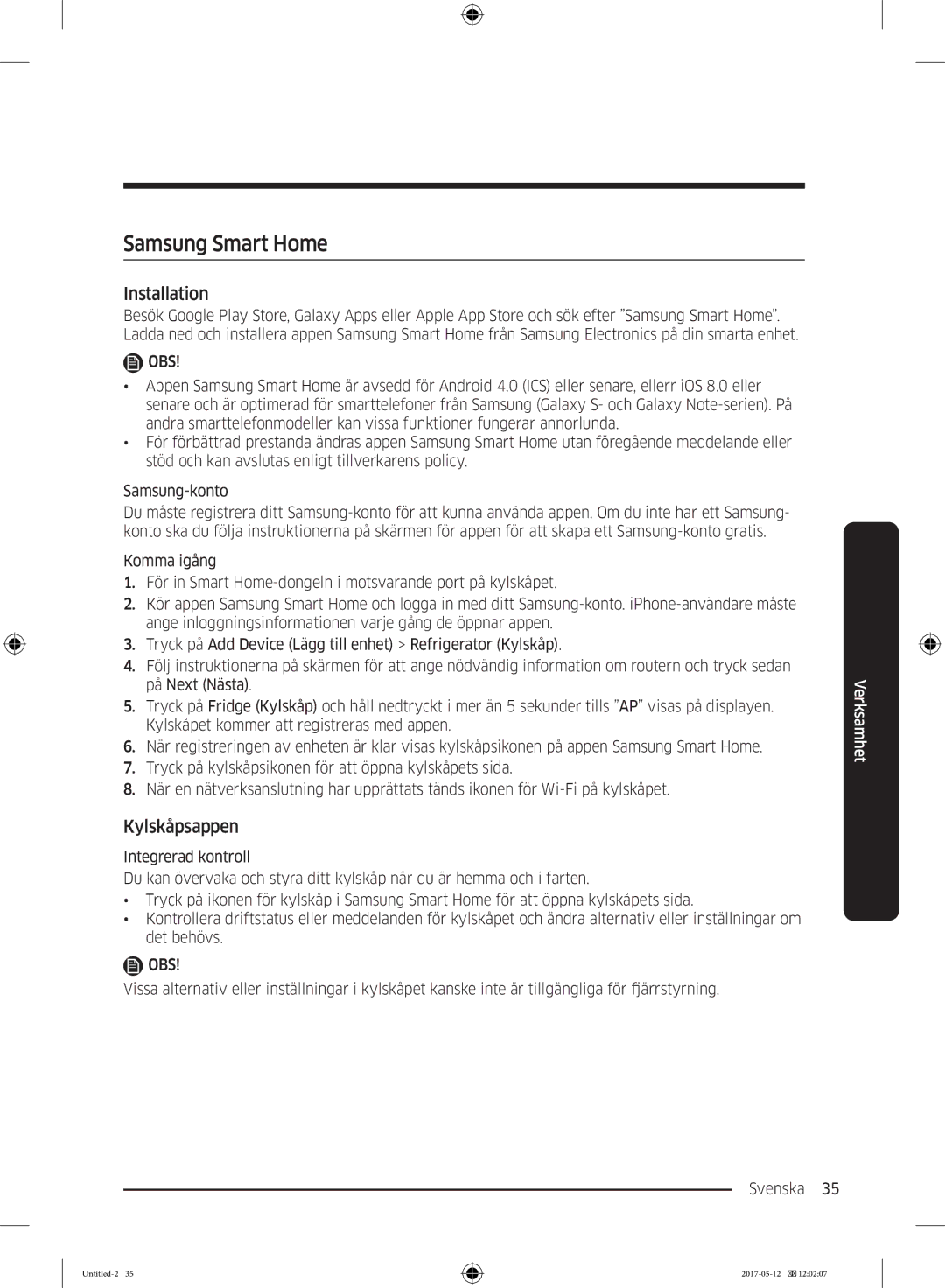 Samsung RR39M75157F/EE, RR39M7565WW/EE, RR39M7565BC/EE, RR39M75257F/EE, RR39M70557F/EE manual Samsung Smart Home, Kylskåpsappen 