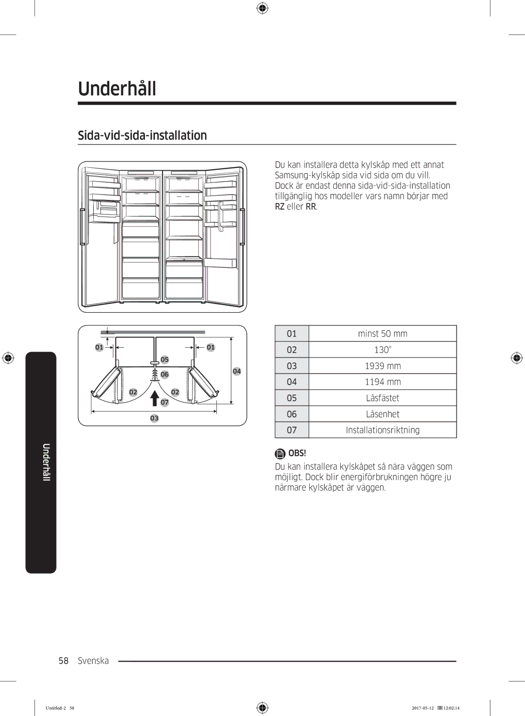 Samsung RR39M75657F/EE, RR39M7565WW/EE, RR39M7565BC/EE, RR39M75257F/EE, RR39M70557F/EE manual Sida-vid-sida-installation 