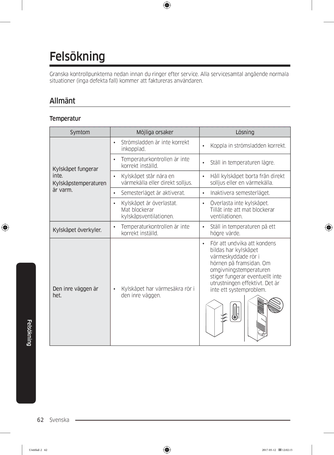 Samsung RR39M75257F/EE, RR39M7565WW/EE, RR39M7565BC/EE, RR39M70557F/EE, RR39M7525WW/EE manual Felsökning, Allmänt, Temperatur 