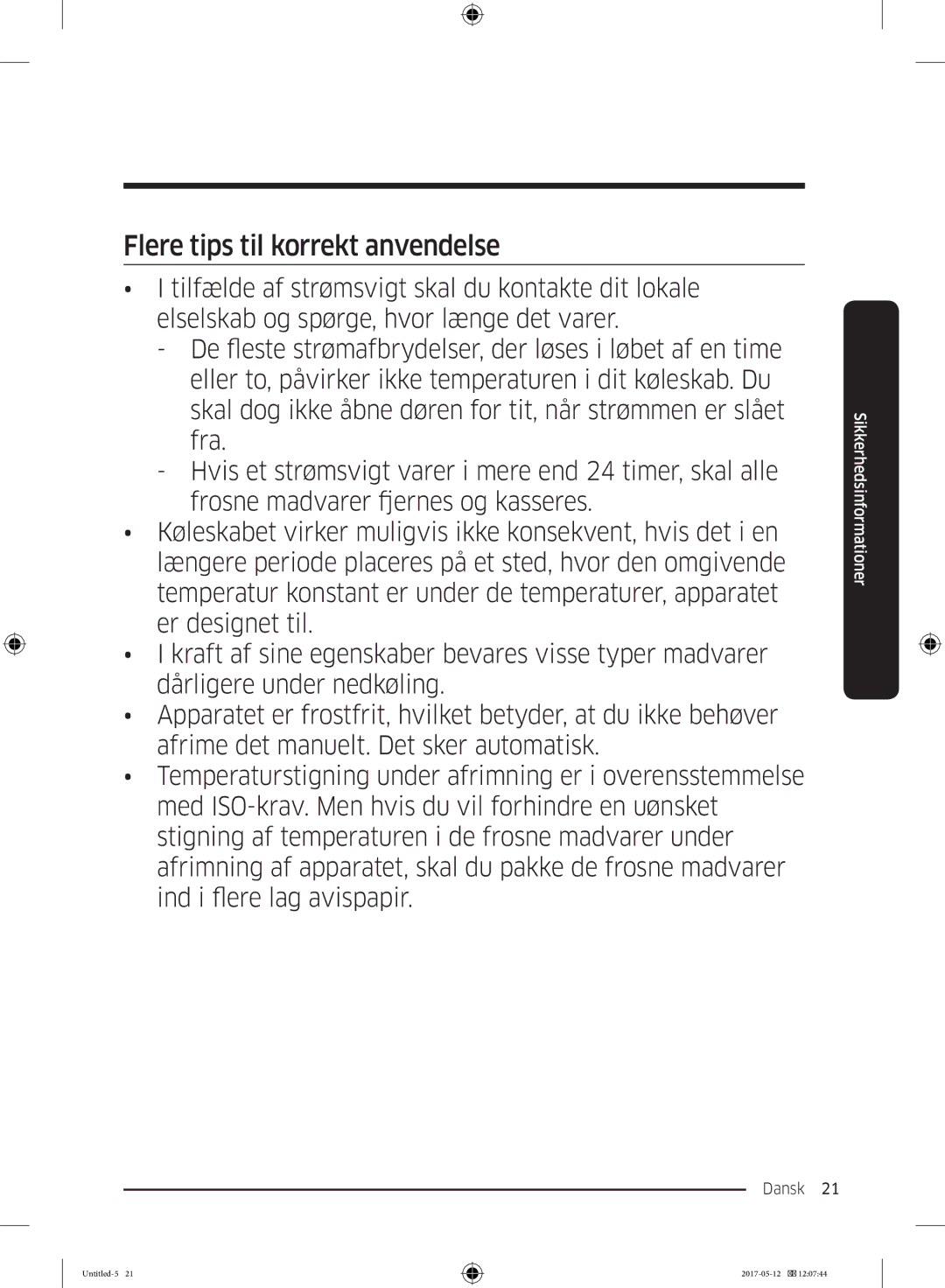 Samsung RR39M7165WW/EE, RR39M7565WW/EE, RR39M7565BC/EE, RR39M75257F/EE, RR39M70557F/EE manual Flere tips til korrekt anvendelse 