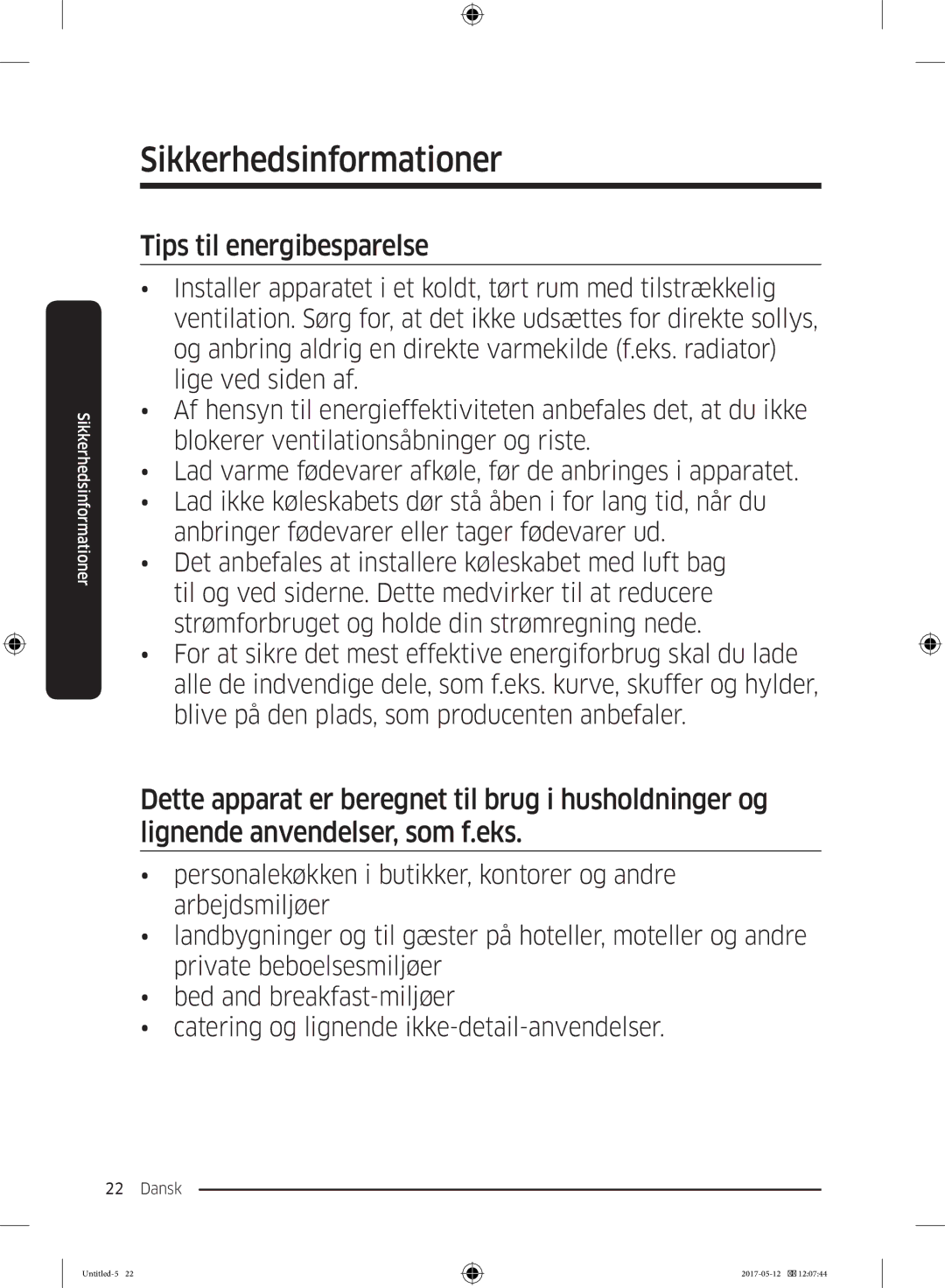 Samsung RR39M7565WW/EE, RR39M7565BC/EE, RR39M75257F/EE, RR39M70557F/EE, RR39M7525WW/EE manual Tips til energibesparelse 