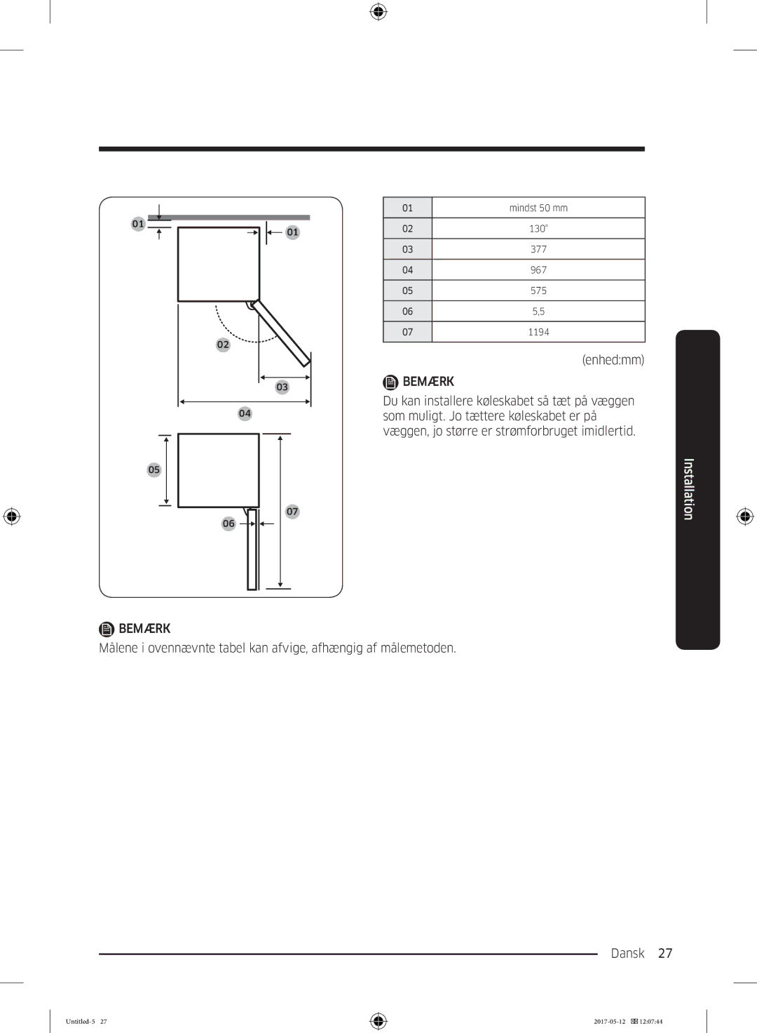 Samsung RR39M75157F/EE, RR39M7565WW/EE, RR39M7565BC/EE, RR39M75257F/EE, RR39M70557F/EE manual Mindst 50 mm 130 377 967 575 1194 