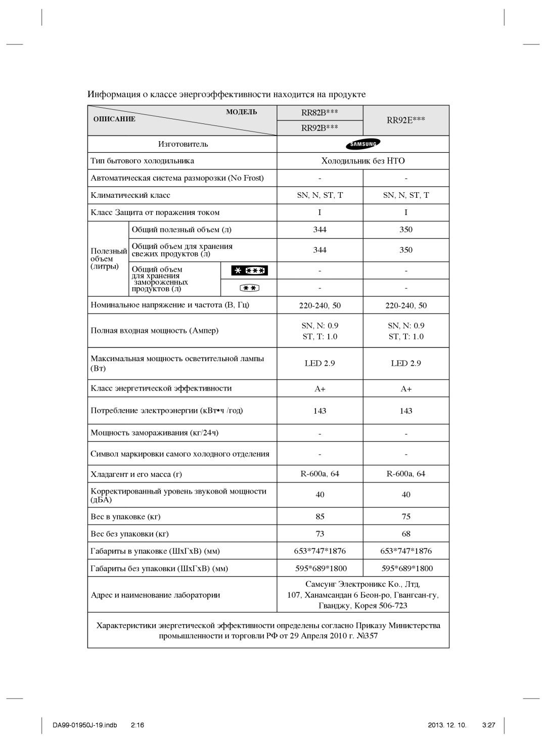 Samsung RR82BEPN1/BWT, RR82BERS1/BWT, RR92EERS1/BWT, RR92EESL1/BWT manual 