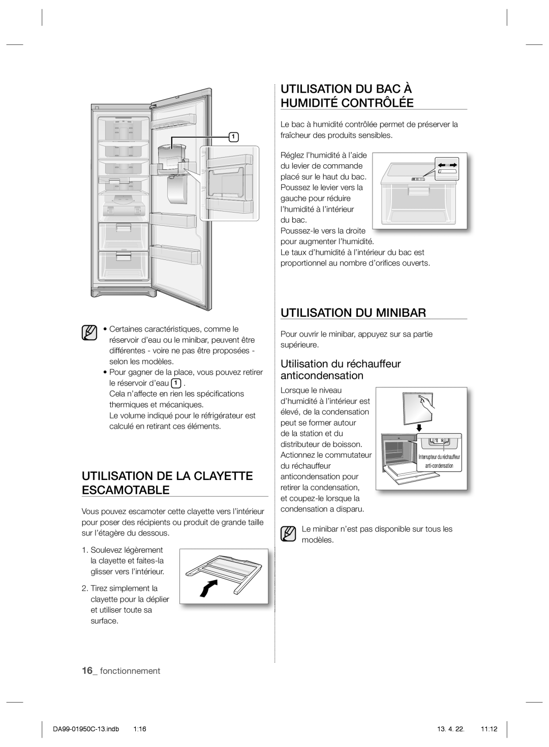 Samsung RR82FHTS1/XEF, RR82FHMG1/XEF, RR61EETS1/XEF manual Utilisation DU BAC À Humidité Contrôlée, Utilisation DU Minibar 