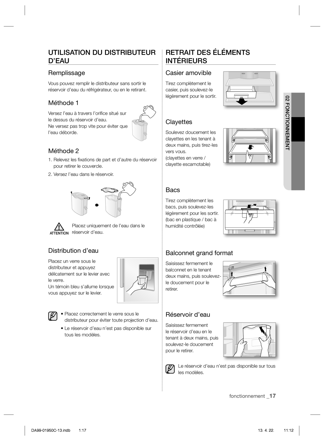 Samsung RR82BEPN1/XEF, RR82FHMG1/XEF, RR61EETS1/XEF manual Utilisation DU Distributeur D’EAU, Retrait DES Éléments Intérieurs 