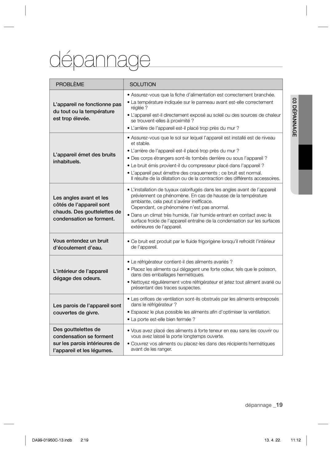 Samsung RR82EESW1/XEF manual ’appareil ne fonctionne pas, Réglée ?, Du tout ou la température, Est trop élevée, Et stable 