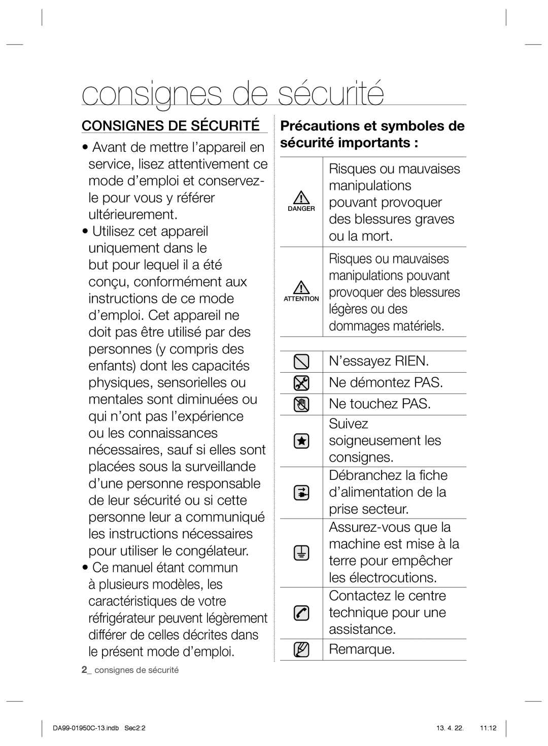 Samsung RR82FHTS1/XEF, RR82FHMG1/XEF, RR61EETS1/XEF, RR82BEPN1/XEF manual Consignes de sécurité, Consignes DE Sécurité 