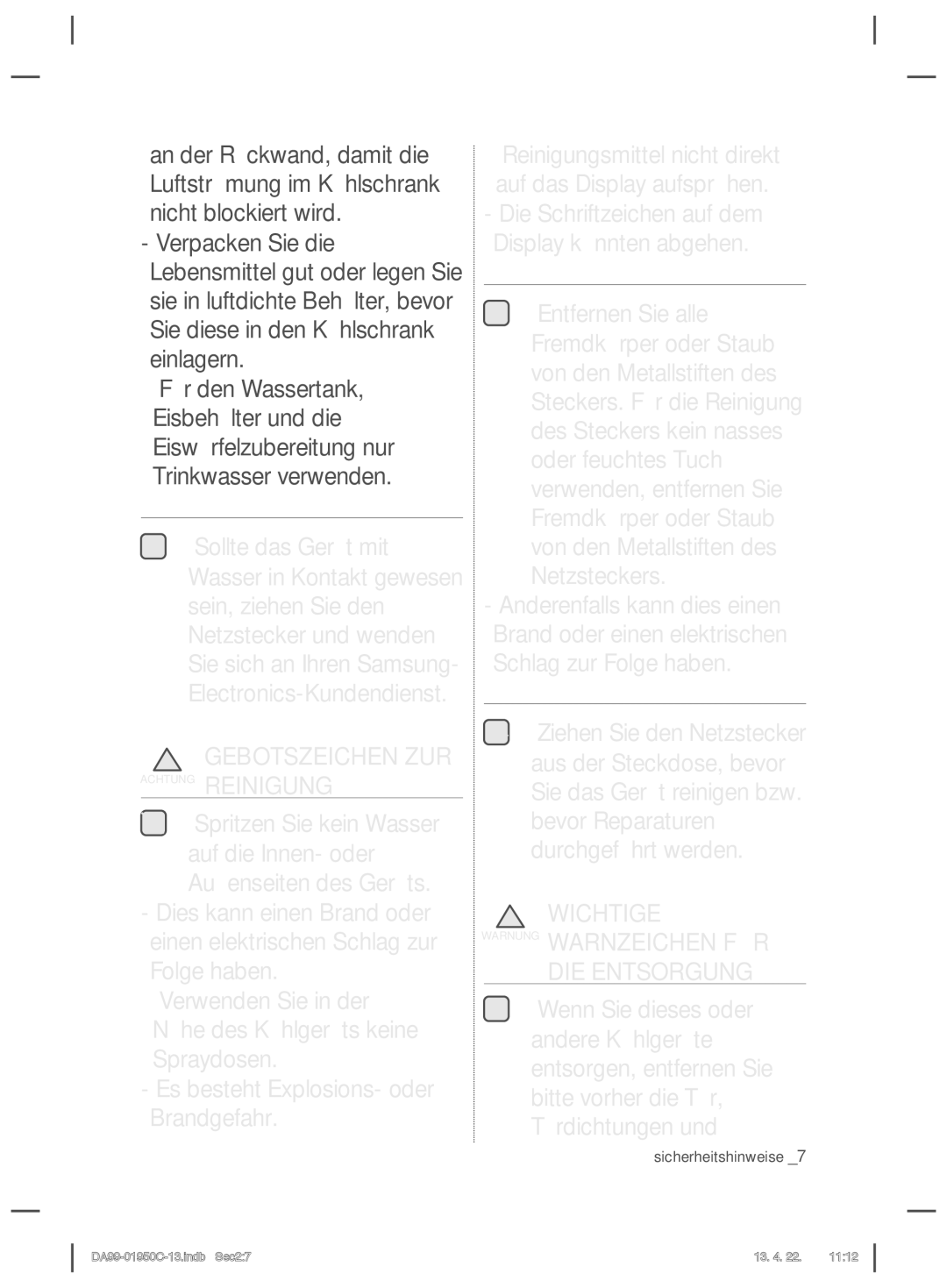 Samsung RR61EETS1/XEF, RR82FHMG1/XEF Gebotszeichen ZUR Achtung Reinigung, Wichtige Warnung Warnzeichen FÜR DIE Entsorgung 