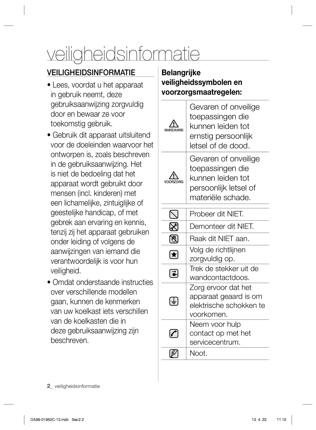 Samsung RR82WEIS1/XEF, RR82FHMG1/XEF, RR61EETS1/XEF, RR82FHTS1/XEF, RR82BEPN1/XEF, RR82EESW1/XEF manual Veiligheidsinformatie 