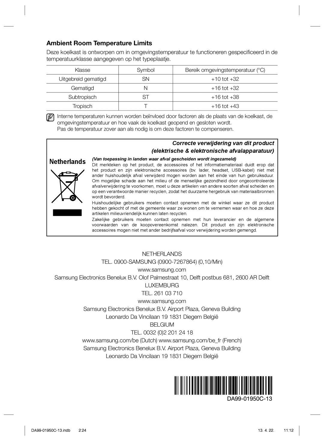 Samsung RR82FHSW1/XEF, RR82FHMG1/XEF, RR61EETS1/XEF, RR82FHTS1/XEF manual Ambient Room Temperature Limits, Subtropisch 