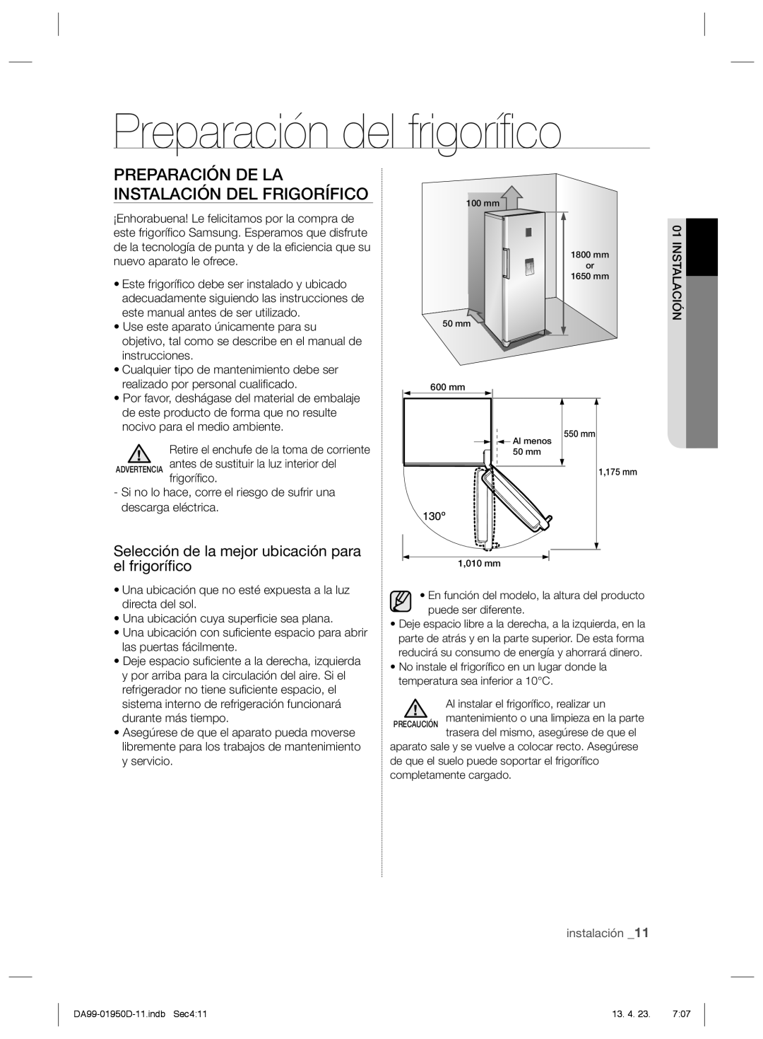 Samsung RR82EFSW1/XES, RR82FJSW1/XES manual Preparación del frigoríﬁ co, Preparación DE LA Instalación DEL Frigorífico 