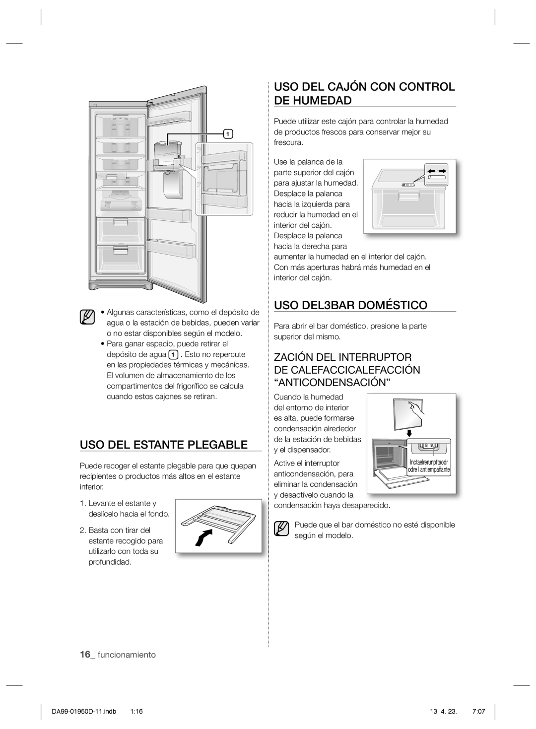 Samsung RR82EEIS1/XES, RR82FJSW1/XES USO DEL Estante Plegable, USO DEL Cajón CON Control DE Humedad, USO DEL3BAR Doméstico 