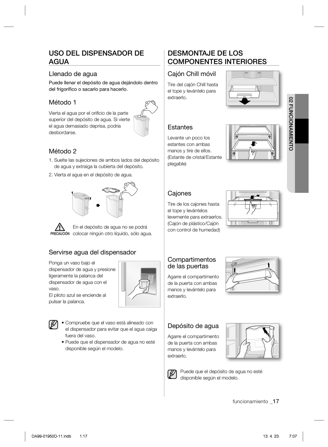 Samsung RR82EFSW1/XES, RR82FJSW1/XES, RR82FHIS1/XES USO DEL Dispensador DE Agua, Desmontaje DE LOS Componentes Interiores 