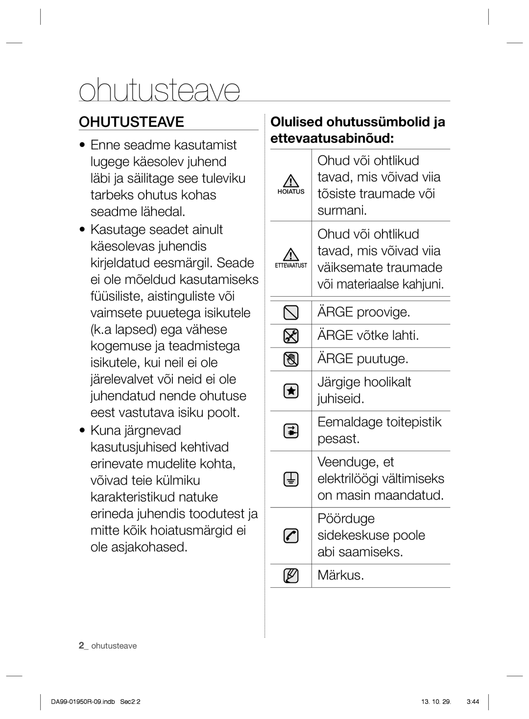 Samsung RR82WEIS1/XEO, RR82PHIS1/XEO manual Ohutusteave 