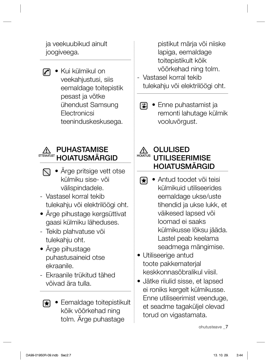 Samsung RR82PHIS1/XEO, RR82WEIS1/XEO Olulised Hoiatus Utiliseerimise Hoiatusmärgid, Puhastamise Ettevaatust Hoiatusmärgid 