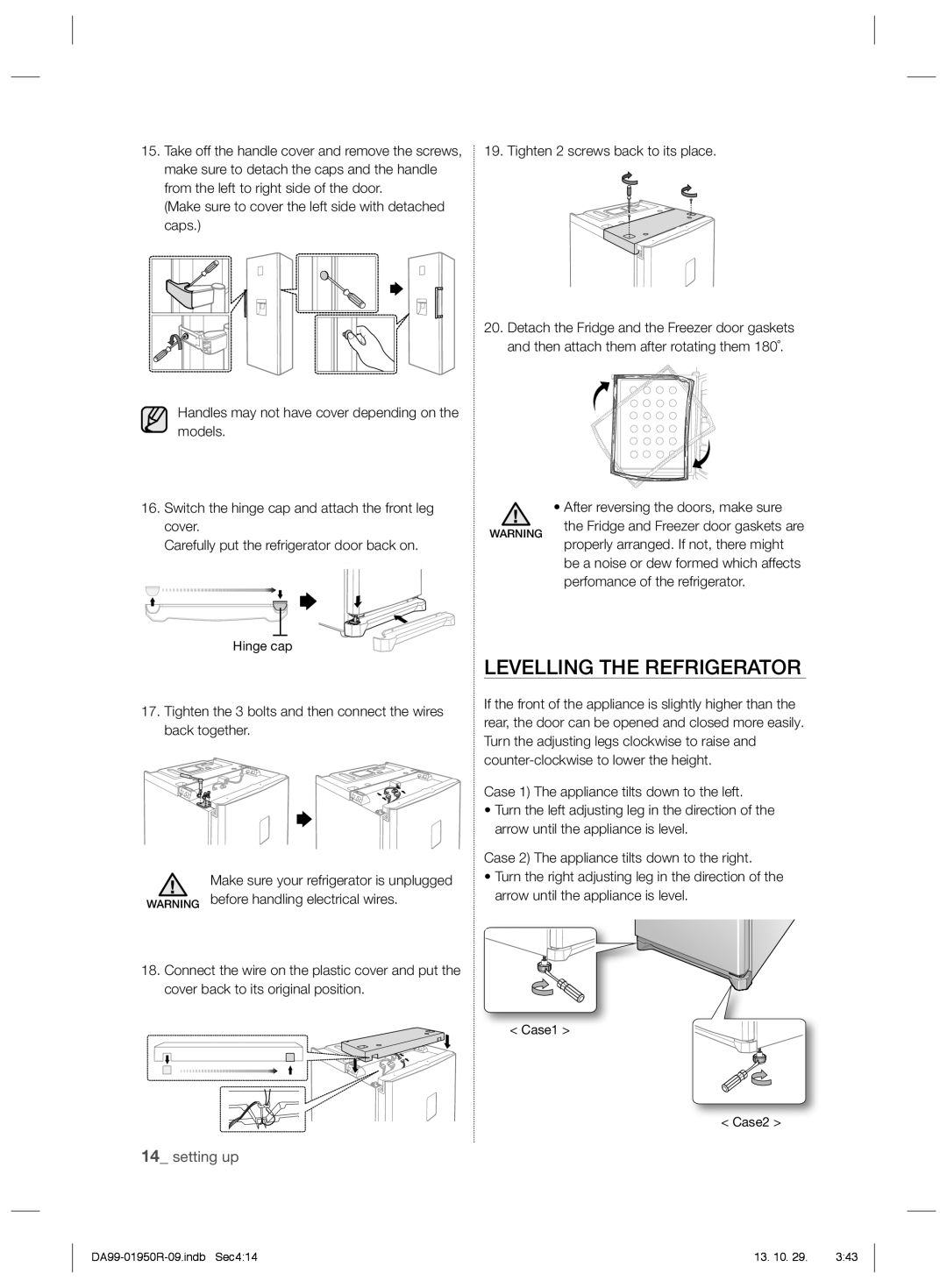 Samsung RR82WEIS1/XEO, RR82PHIS1/XEO manual Levelling the Refrigerator, After reversing the doors, make sure Cover 