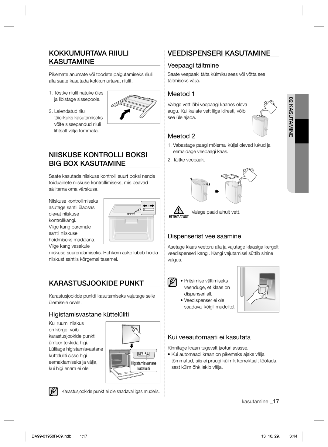 Samsung RR82PHIS1/XEO, RR82WEIS1/XEO Kokkumurtava Riiuli Kasutamine, Veedispenseri Kasutamine, Niiskuse Kontrolli Boksi 