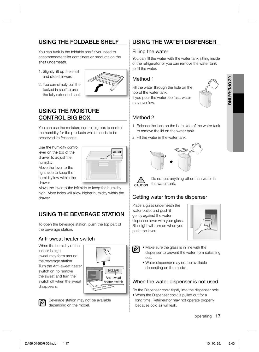 Samsung RR82PHIS1/XEO manual Using the Foldable Shelf, Using the Water Dispenser, Using the Moisture Control BIG BOX 