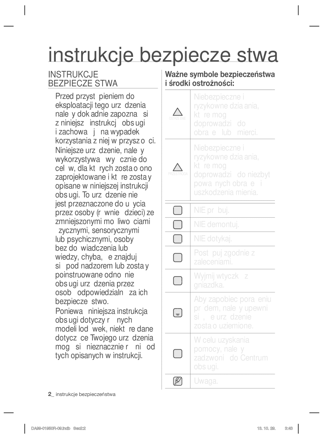 Samsung RR82WEIS1/XEO, RR82PHIS1/XEO manual Instrukcje bezpieczeństwa, Instrukcje Bezpieczeństwa 