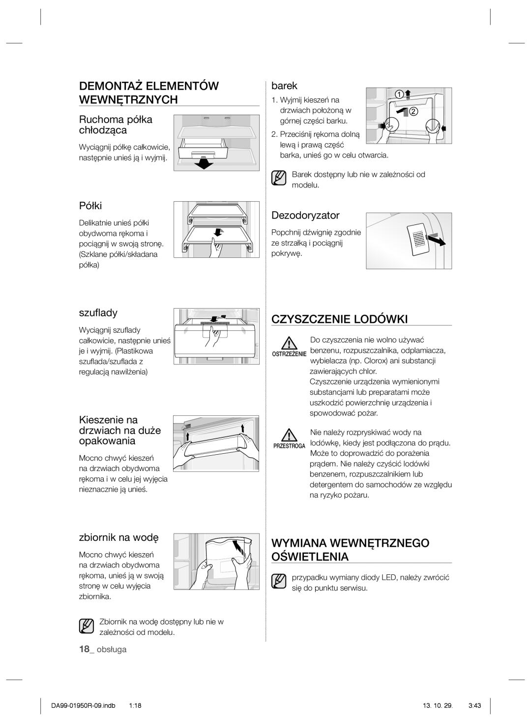 Samsung RR82WEIS1/XEO manual Demontaż Elementów Wewnętrznych, Czyszczenie Lodówki, Wymiana Wewnętrznego Oświetlenia 