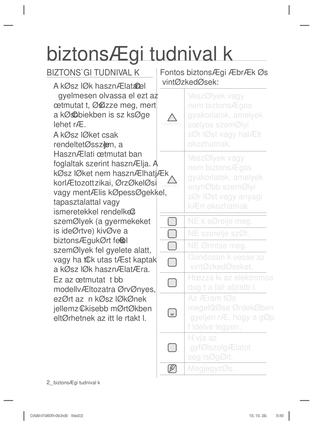 Samsung RR82WEIS1/XEO, RR82PHIS1/XEO manual Biztonsági tudnivalók, Biztonsági Tudnivalók 