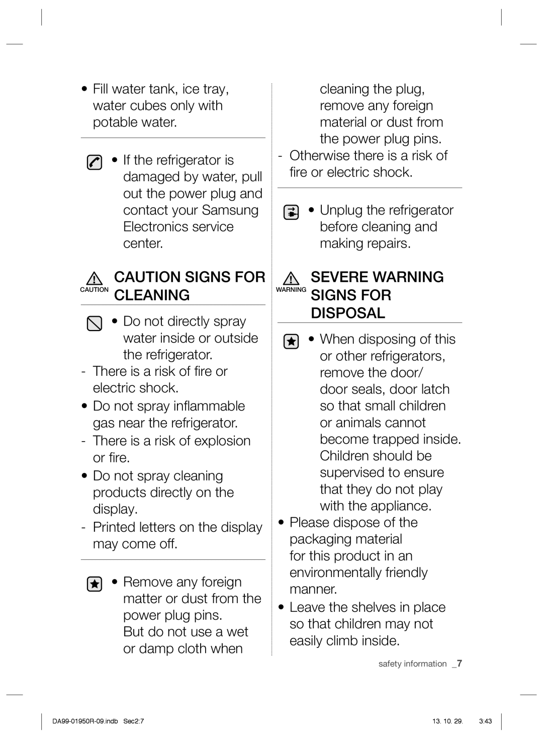 Samsung RR82PHIS1/XEO, RR82WEIS1/XEO manual Severe Warning Warning Signs for Disposal 