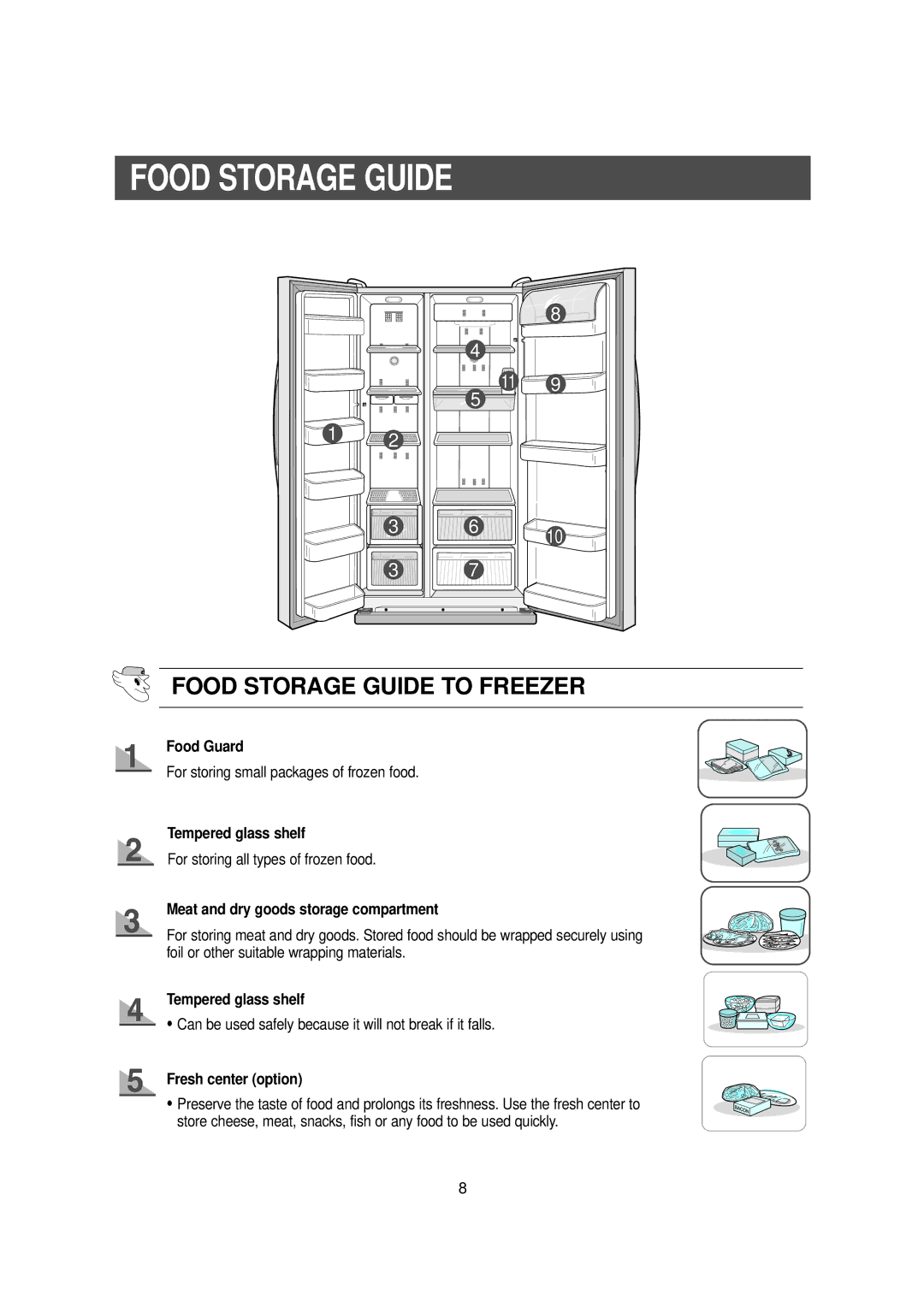 Samsung RS owner manual Food Storage Guide, Food Guard, Tempered glass shelf, Meat and dry goods storage compartment 