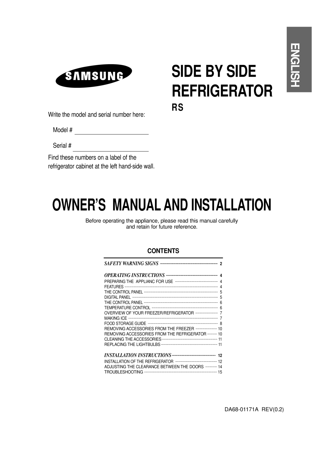 Samsung RS owner manual Contents, Side By Side Refrigerator, English, Safety Warning Signs, Operating Instructions 