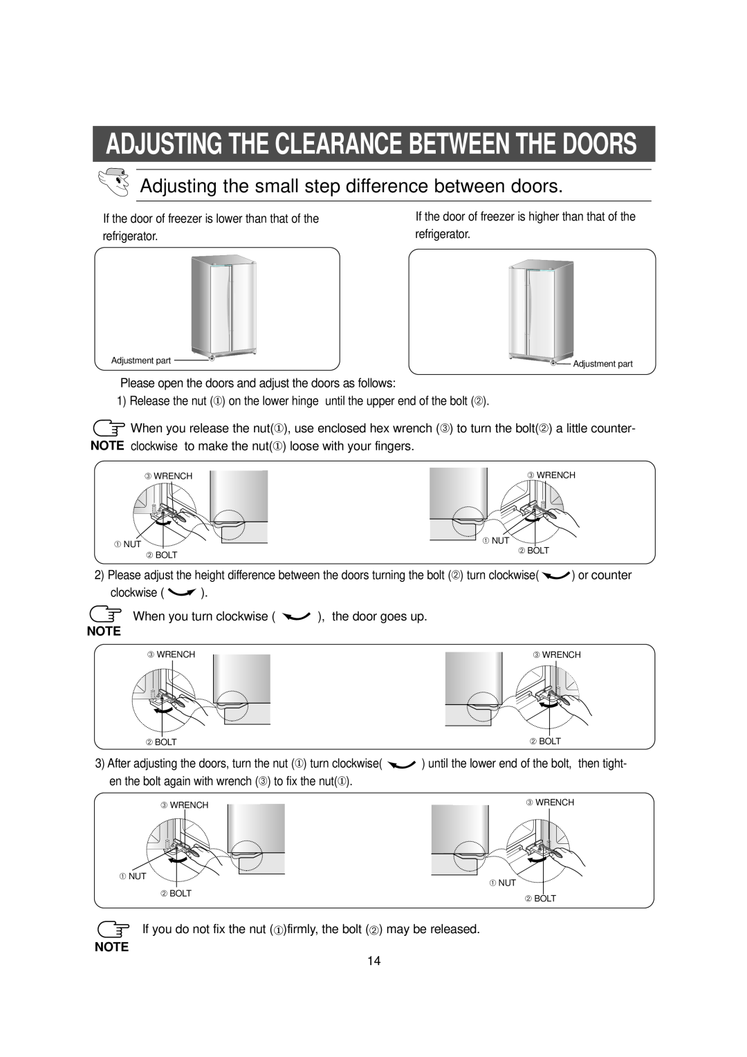 Samsung RS owner manual Adjusting The Clearance Between The Doors, Adjusting the small step difference between doors 