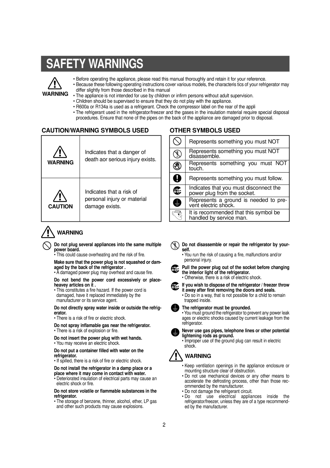 Samsung RS owner manual Safety Warnings, Caution/Warning Symbols Used, Other Symbols Used 