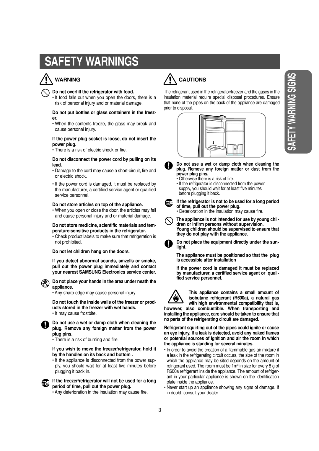 Samsung RS owner manual Safety Warning Signs, Cautions, Safety Warnings 