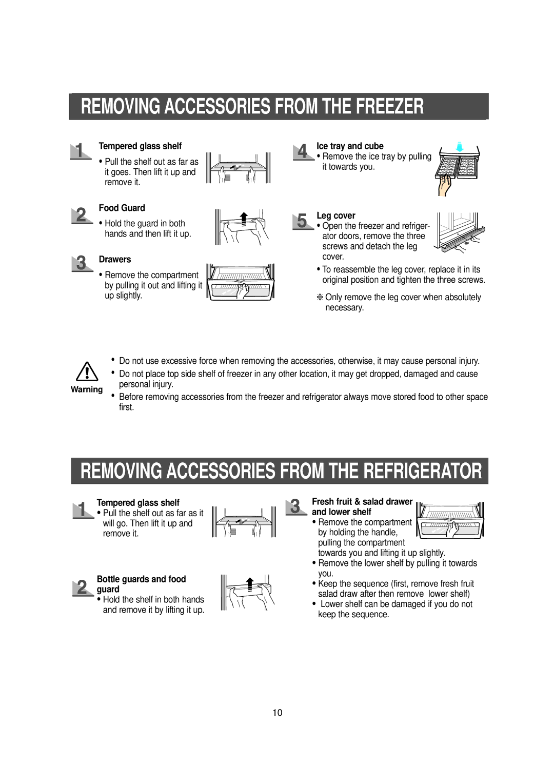 Samsung RS20 owner manual Drawers, Ice tray and cube, Leg cover, Bottle guards and food guard 