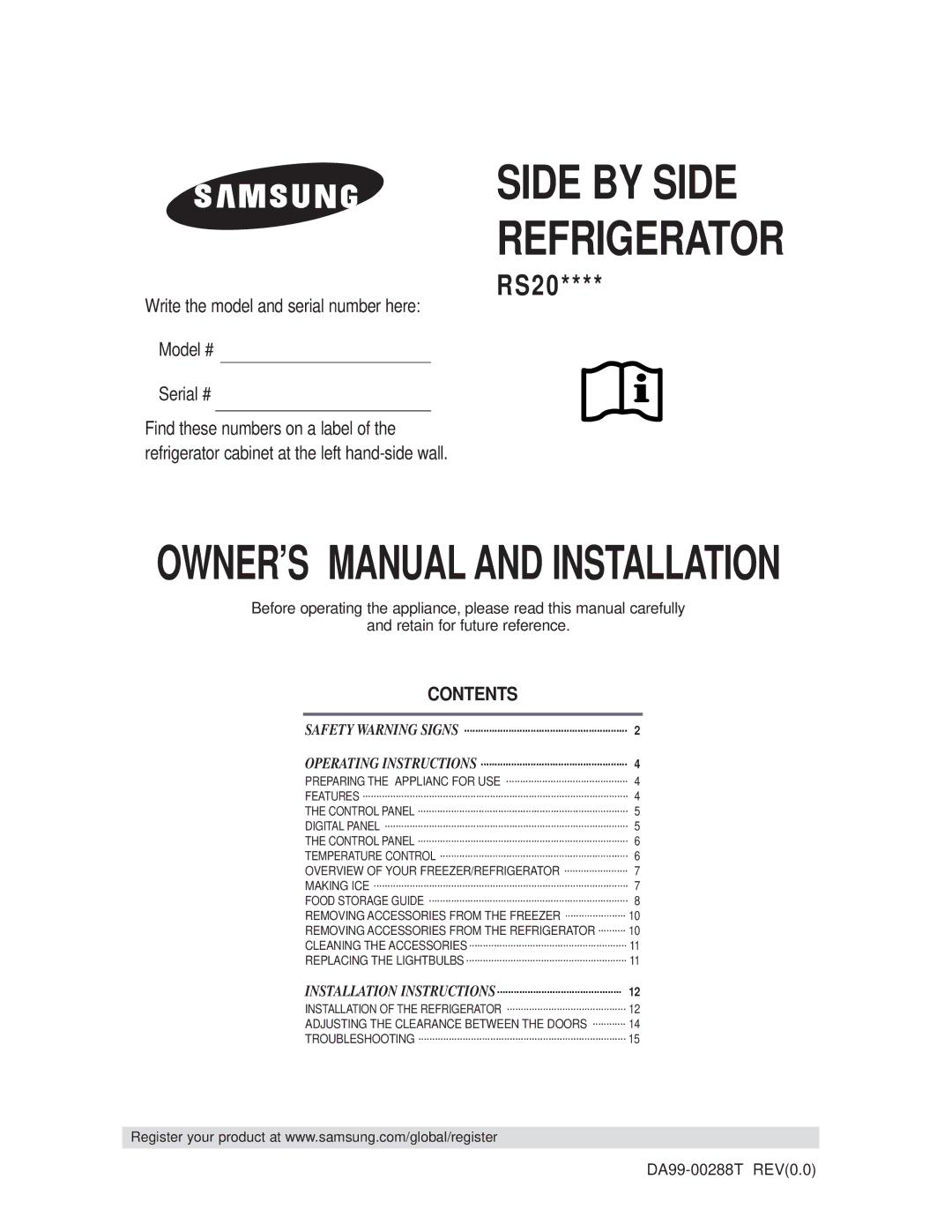 Samsung RS20**** owner manual Side by Side Refrigerator 