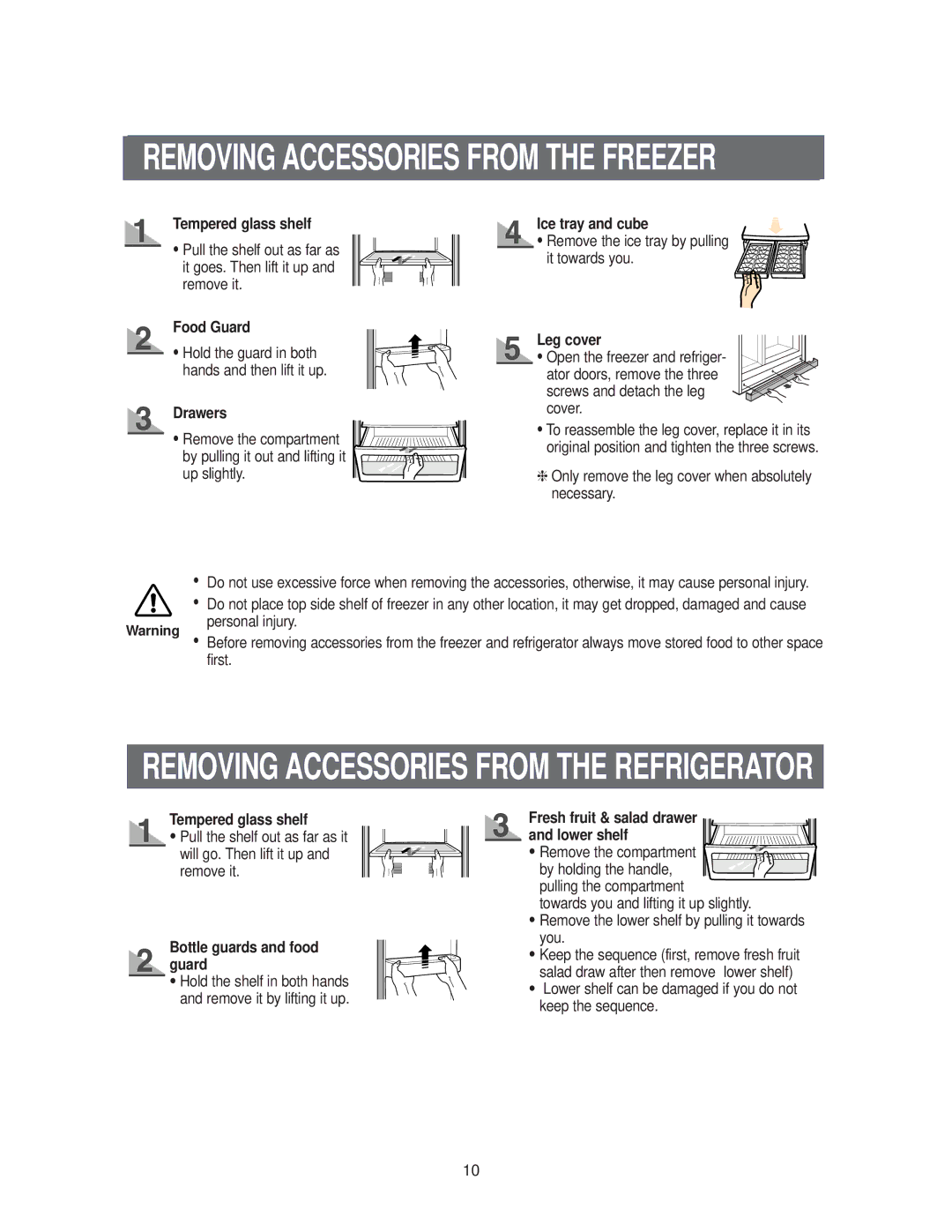 Samsung RS20**** owner manual Drawers, Ice tray and cube, Leg cover, Bottle guards and food guard 